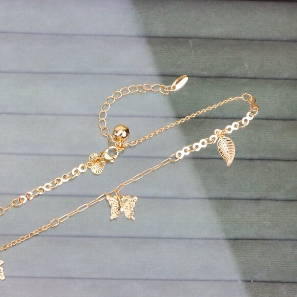 "Rose Gold Anklet with Butterfly & Leaf Charms, XPAL1169 - Picture 11 of 12